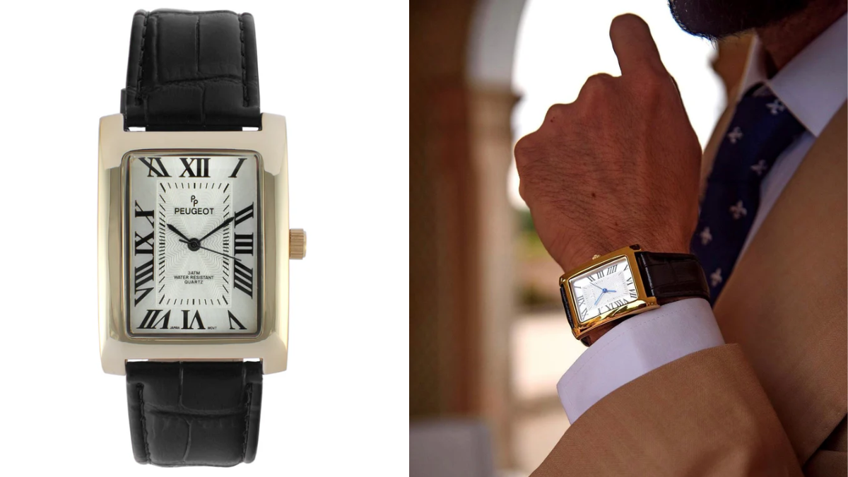 Peugeot Mercer Tank Men's 43 x 30 mm Black Vintage Tank Leather Strap Watch-Best Peugeot Watches For Men