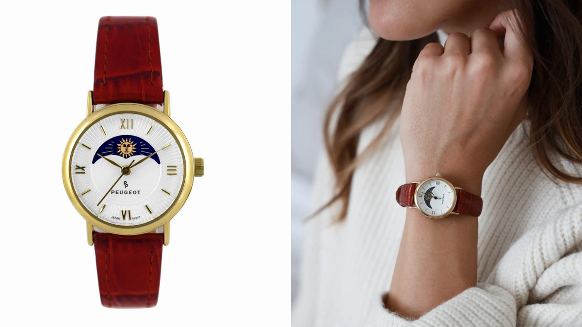 Women's 26mm Sun-Moon Phase Gold Watch with Brown Leather Strap